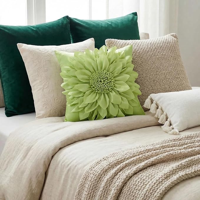 Sage Green Accent Flower Decorative Throw Pillow Covers for Bed Sofa Couch | Bella's Giftshop Handmade Sunflower Taffeta Pillow Cases Living Room Bedroom Decor, 18x18 Inch