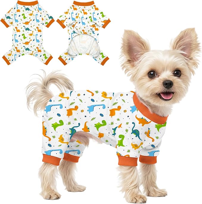 Dog Pajamas for Small Medium Dogs Pjs Orange Dinosaurs Dog Onesie Breathable Puppy Pj Pet Stretchy Soft Sleepwear for Spring Summer Costume-S
