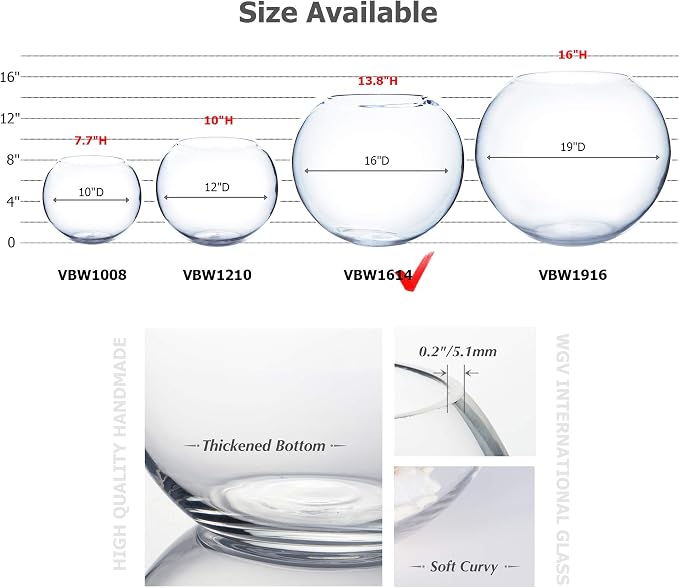 WGV Large Bowl Glass Vase, Diameter, Height, (Multiple Sizes Choices) Clear Huge Round Bubble Vase Jar, Floral Planter Terrarium for Wedding Event Home Decor (15.8" D)