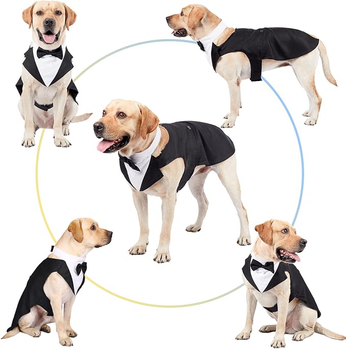 Segarty Dog Tuxedo and Bandanas Suit Formal Wedding Costume, Adjustable Pet Collar with Black Bow Tie, Detachable Dogs Shirt Bandanas Set for Extra Large Dog Prince Outfit Birthday Cosplay Attire