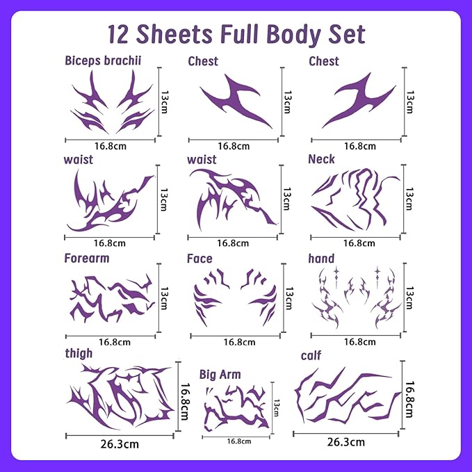 Temporary Tattoos For Men and Women - 12 Sheets Full Body Tattoos Stickers Waterproof Movie Cosplay Costume Accessories for Boys Girls Festival Party Rave Stage Makeup Decoration（Fluorescent）