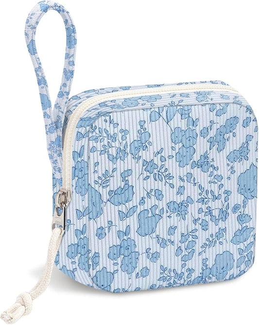 Small Makeup Bag | Discreet Period Bag Pad Pouch for Purse| Sanitary Napkin Storage & Tampon Holder for Travel (Flower blue)