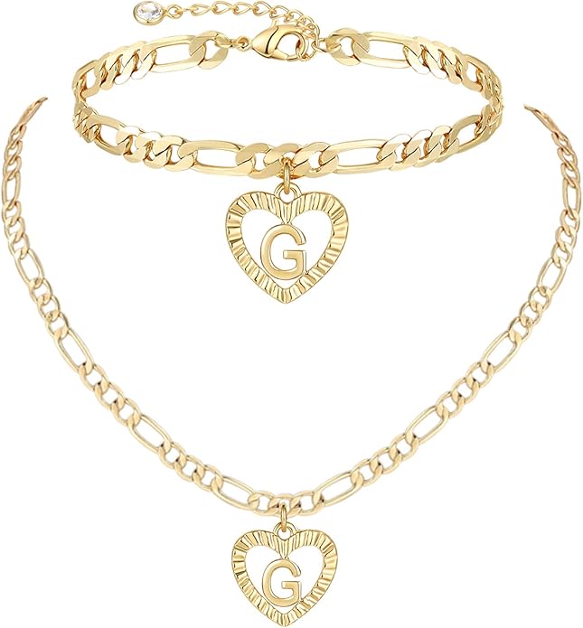 YANODA Gold Initial Pendant Necklace Anklet Bracelet for Women 14K Gold Plated Figaro Chain Letter Initial Heart Necklace Anklets Alphabet Foot Jewelry Personalized Jewelry for Women