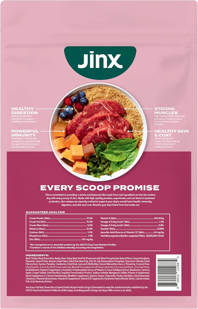 Jinx Dry Dog Food - Grass-Fed Beef, Brown Rice & Sweet Potato, 4lb | Premium Kibble for Digestive Support & Healthy Immunity - No Fillers, All Lifestages (Puppy, Adult & Senior), Breeds & Sizes
