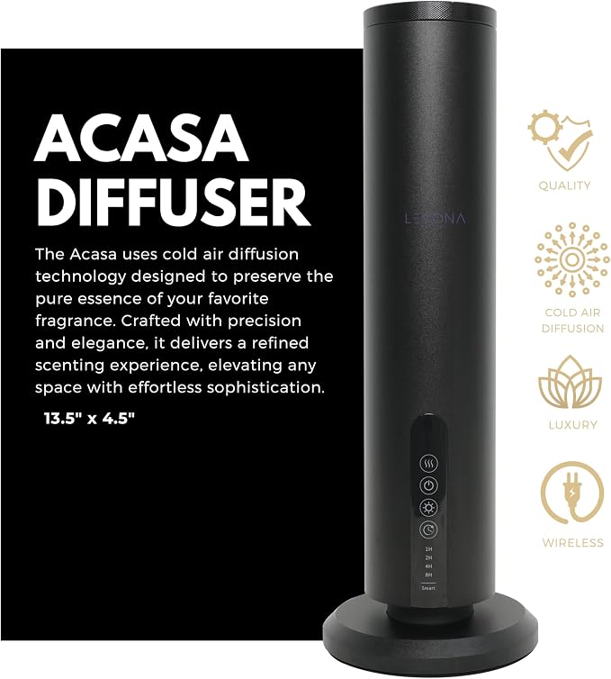 Levona Scent Essential Oil Diffuser - Cold Air Diffuser, Waterless Plug-in Aroma with Night Light, App Controlled - for Home, Office & Hotel - Covers 1000 sq ft - Acasa 1000, Black (Oil Not Included)