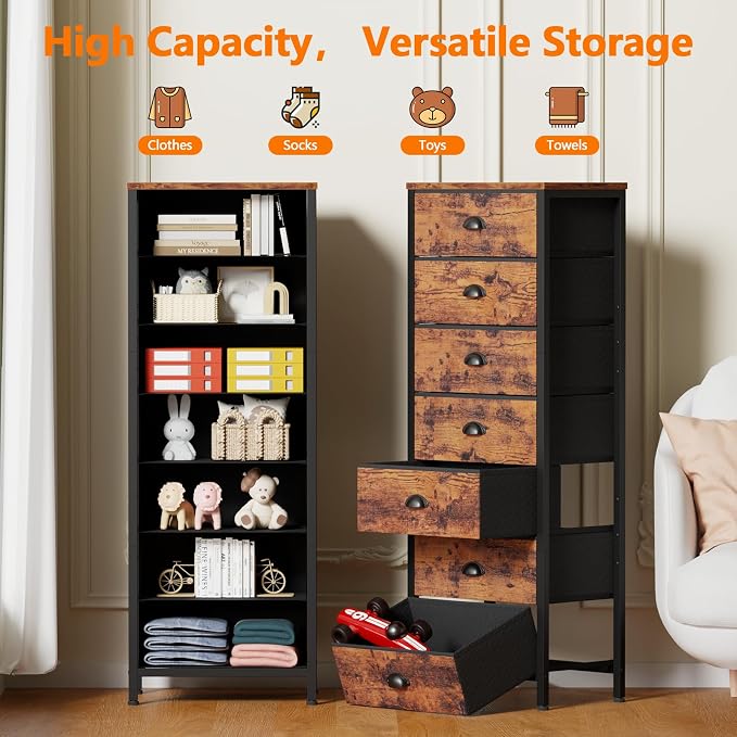 Dresser for Bedroom, 7 Drawers Tall Chest of Drawers | Rustic Brown Storage Organizer, Fabric Bins, Metal Frame, Wood Desktop, Dorm Vertical Closet,Bedside Furniture in Living Room