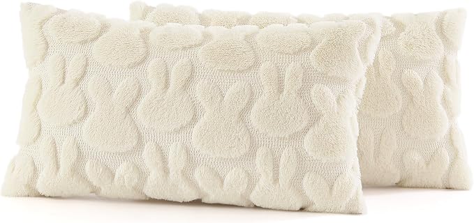 decorUhome Beige Faux Fur Bunny Throw Pillow Covers 12x20 Set of 2 | Plush Soft Wool Jacquard Beige Rabbit Cushion Covers, Modern Farmhouse Easter Holiday Decor PillowCases for Sofa Bed