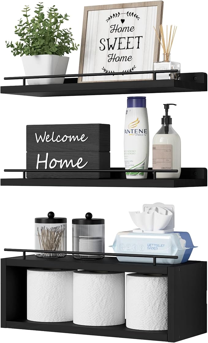 Floating Shelves for Wall with Cube Shelf, Wall Shelves with Metal Rail for Bathroom Decor, Bathroom Organizers and Storage, Over Toilet Shelves for Toilet Paper-Black