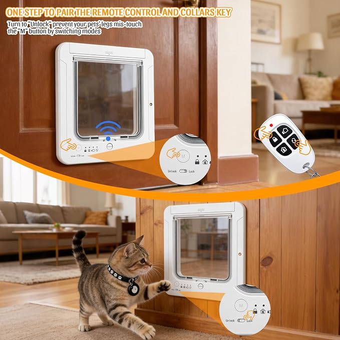 Smart Cat Door with 4 Collar Sensor Key, RFID Cat Door Collar Activated with Remote Control, 4 Way Locking Cat Flap Automatic Pet Door Interior & Exterior(White)