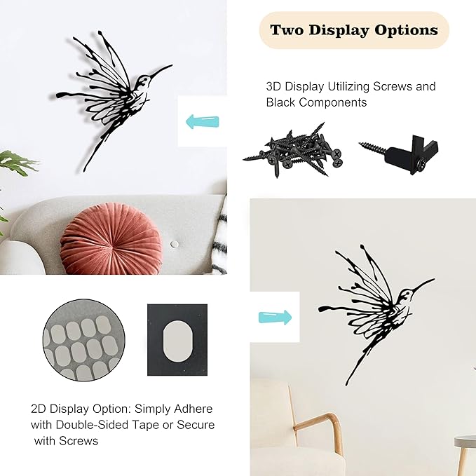 3D Metal Hummingbird Wall Art, Black Outdoor Decor, Waterproof(12.3"x16.5") | Stunning 3D black metal hummingbird, weatherproof design, ideal for garden, yard, or balcony wall decoration