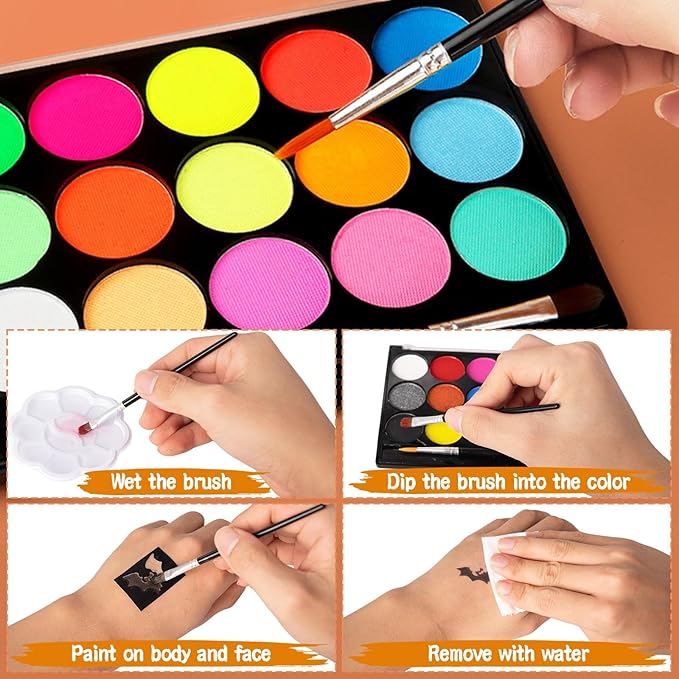 Face Paint Kit, 15 Color Face Painting Palette, with 2 Brushes 34 Stencils, 3 Reusable Stencils, 2 Stickers, Washable Face Paints for Kids Adults Halloween Party Carnival