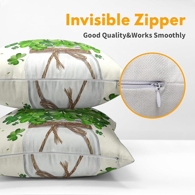 Kawani St Patricks Day Pillow Covers 16x16 Inch Set of 2 Green Shamrock Lucky Clover Mason Jar Pillowcase Cotton Linen Square Cushion Case Decoration for Home Couch Sofa Bed Living Room