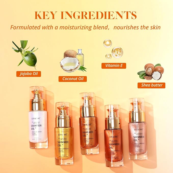 Liyalan Shimmer Body Oil 5 Color Options 1.0 fl.oz Face Glow Pearl Highlighter Illuminator Long-Lasting Shine Glitter Liquid Tanning with Makeup Brush Included (#04 Golden Brown)