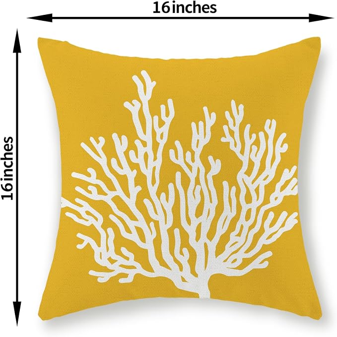 Coastal Pillow Covers 16x16 Set of 2 Yellow Coral Starfish Throw Pillows Nautical Ocean Decorations Summer Linen Beach Pillowcase Outdoor Decor Yellow Farmhouse Cushion Case for Home Bedroom