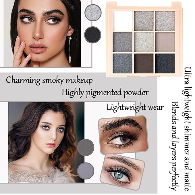 Black Grey Smoky Eyeshadow Palette,15 Colors Matte Shimmer Pigmented Eye Shadow Makeup Palette Set with 3 Eyeshadow Brushes,Glitter Eyeshadow Makeup Palette for Daily Halloween Goth Makeup(F)