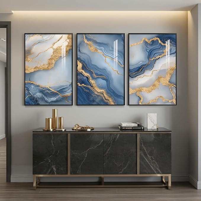 Large Framed Abstract Wall Art for Living Room, Modern Luxury 3 Piece Blue Gold White Prints Paintings for Walls, Elegant Marble Pattern Pictures for Dining Bedroom Hallway Office Home Decor 24x36 In