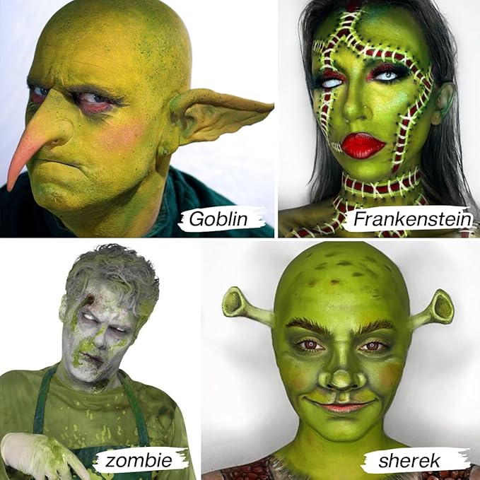 Ogre Green Face Body Paint, Witch Green Full-Coverage Cream to Powder Foundation Makeup, Non-Toxic Face Painting for Hulk Hunting, Frankenstein, Wicked, Halloween SFX Makeup, Cosplay, Theater, Stage
