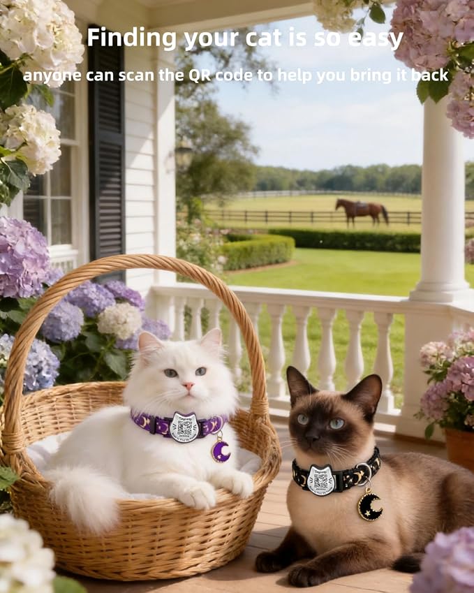 Star & Moon Breakaway Cat Collar with QR Code Tag (Black & Purple) | Reflective Nylon, Quick-Release Buckle