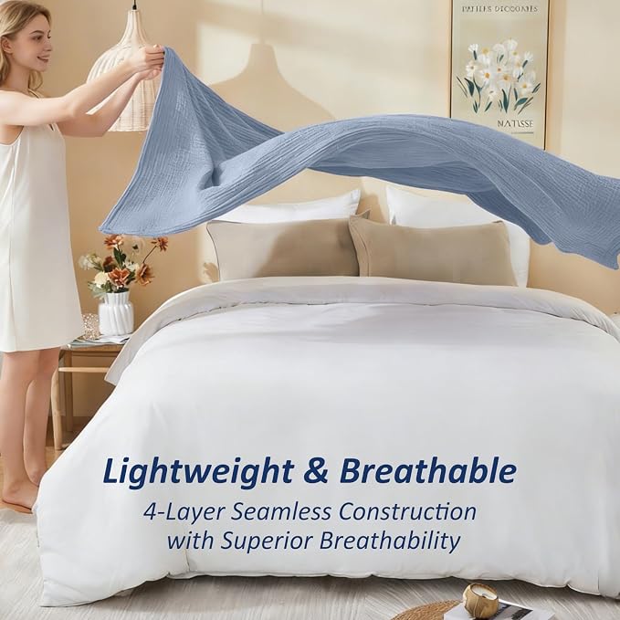 EMME Cotton Muslin Large Throw Blanket Couch Breathable Gauze Soft Lightweight Bed Blankets Adults (Heather Dusty Blue, 50"x70")