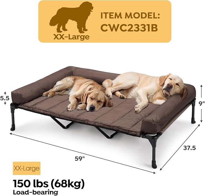 Veehoo Outdoor Elevated Dog Bed with Waterproof Bolster Cushion, Cooling | Raised Dog Bed with Removable & Washable Mat Topper, Breathable Mesh, Dog Couch Cot for Indoor Outdoor, 59", Large, Brown