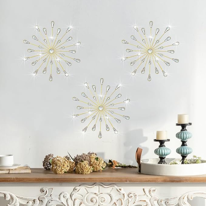 ZEXUIRU 3 Set Gold Starburst Wall Art for Home Decor Metal Bling Crystal Rhinestones Sunburst Wall Decor Sparkling Rhinestone Art Accent Gold - 13in