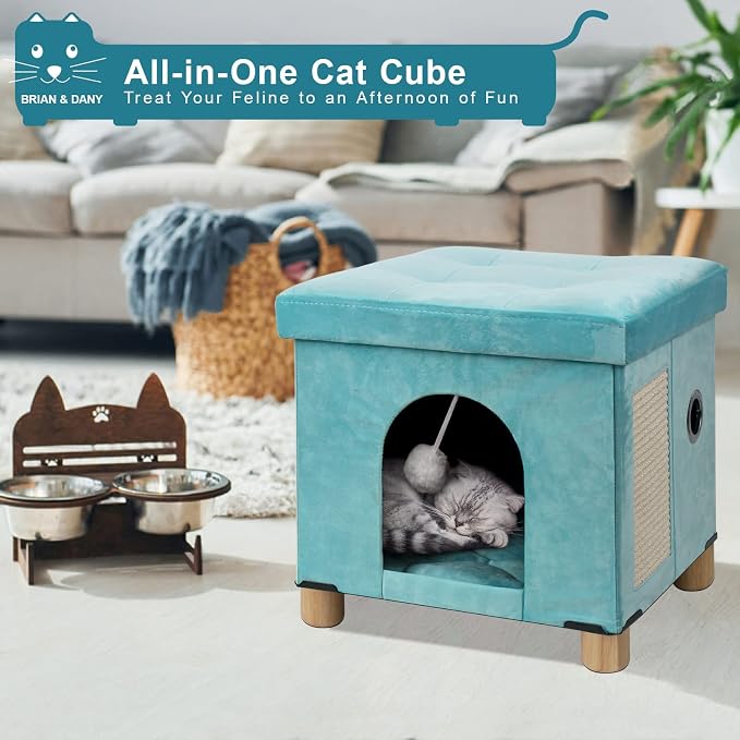 BRIAN & DANY Cat Beds for Indoor Cats,Cat Cave House for Kitten with Scratch Board & Ball, 14.5X 12.5X 14.1 inches, Green