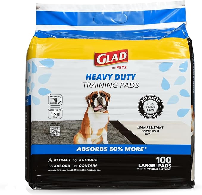 Glad for Pets XL Charcoal Training Pads, Heavy Duty, 24x24 in, 100 Count | Quick-dry quilted top and leak-resistant layers for indoor potty use and crate liners, 24 x 24 in