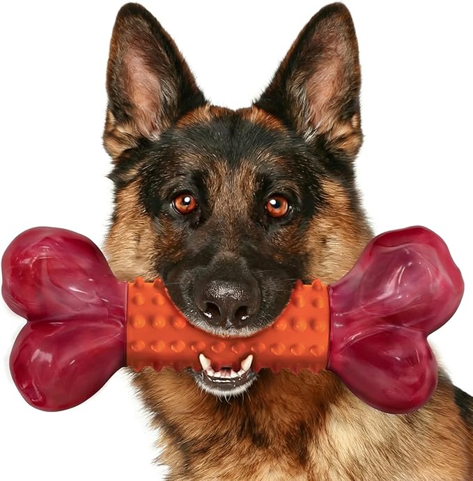 Tough Dog Toys for Aggressive Chewers: Peanut Butter Flavored Long Lasting Dog Bones for Large Dogs, Heavy Duty Nylon & Rubber Dog Chew Toys to Keep Them Busy, Medium & Large Breed, Orange