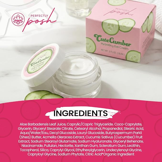 Perfectly Posh - CuteCumber Hydrating Eye Cream - Under Eye Moisturizer with Cucumber, Aloe, and Hyaluronic Acid for Refreshed-Looking Skin - 15ml