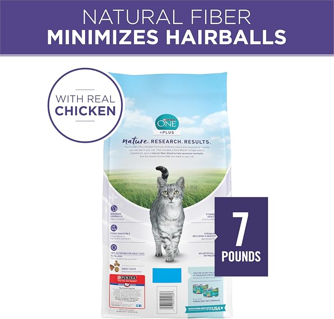 Purina ONE Natural Hairball Control Dry Cat Food, 7 lb Bag | Real chicken high fiber formula with added vitamins and minerals for overall health for adult cats and minimizes hairballs