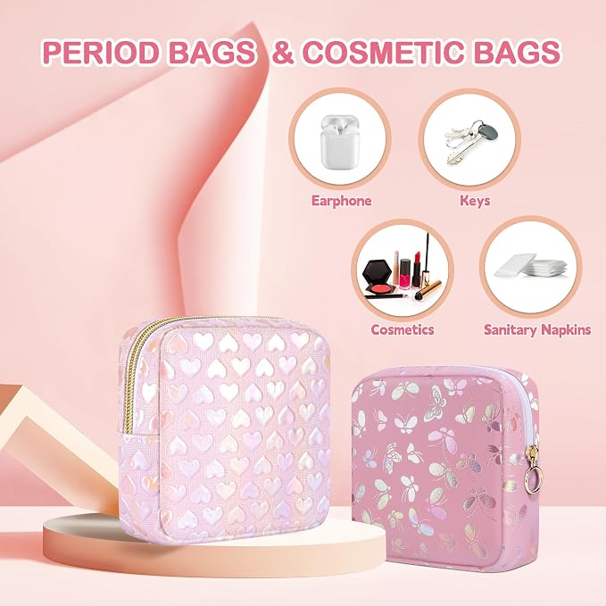 Likesing Period Bag Pouch, Leather Sanitary Napkin Storage Bag for Girls Womens, Portable Sanitary Napkin Period Pad Pouch Bag for Purse (Pink-3D Love)