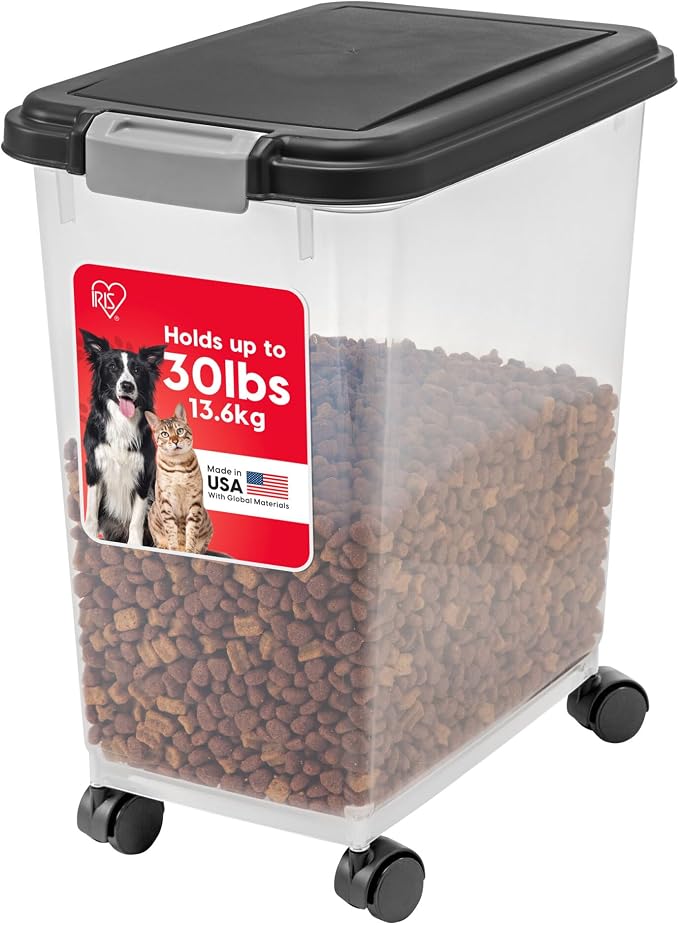 IRIS USA Airtight Pet Food Storage Rolling Container, 30 lb Capacity, Black