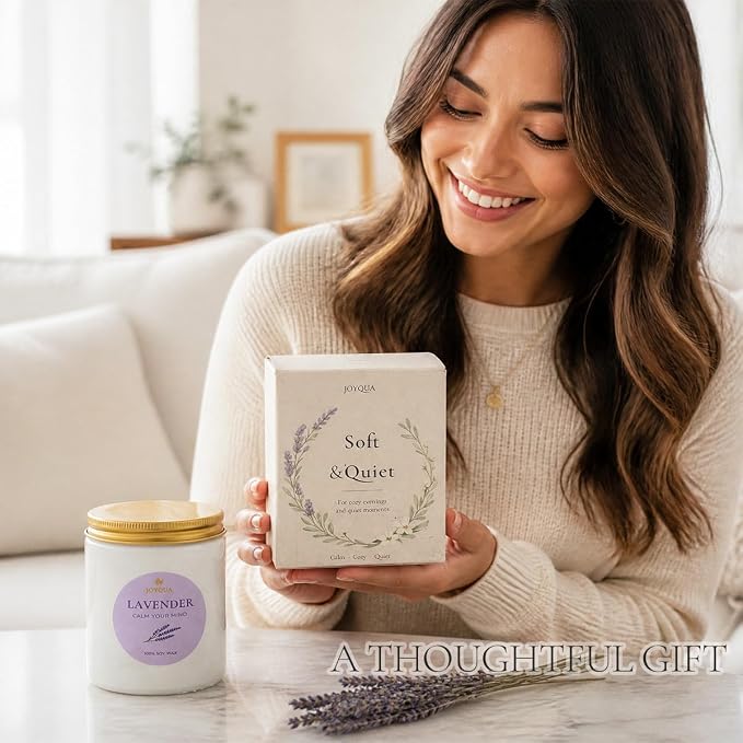 Meditation Candle Gift, 9 oz Lavender Crystal Candle, Gold Lid | White jar with gold lid, lavender soy candle, amethyst crystals, 9 oz, 40 hour burn, self care gift