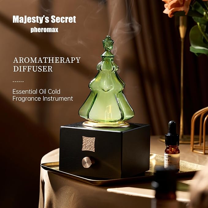 Waterless Essential Oil Diffuser for Aromatherapy – Hand-Blown Glass Christmas Tree Nebulizer with Wooden Base, Aluminum Alloy Knob, USB Rechargeable, 35-Hour Runtime for Women & Men