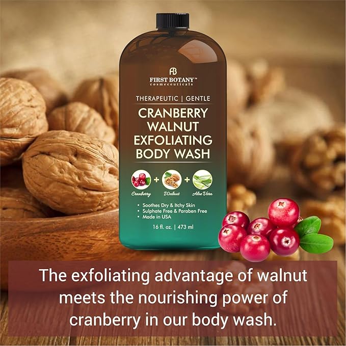 First Botany All Natural Body Wash - Fights Body Odor, Athlete’s Foot, Jock Itch, Nail Issues, Dandruff, Acne, Eczema, Shower Gel for Women & Men, Skin Cleanser -16 Fl Oz (Cranberry Walnut)