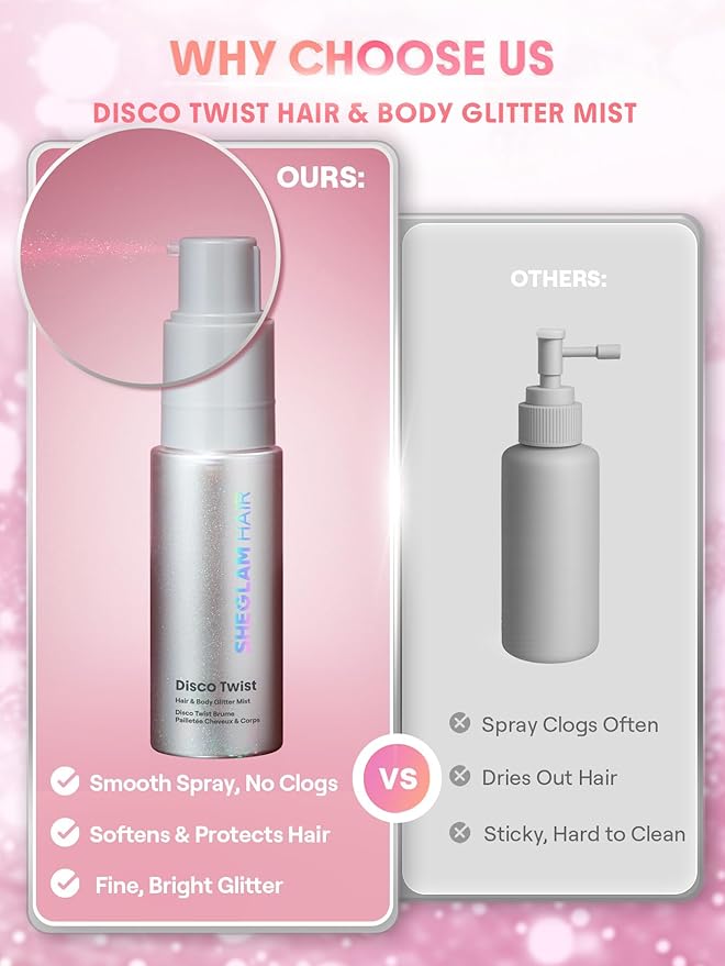 SHEGLAM Hair & Body Glitter Mist Spray - Shimmering Sparkle Makeup for Parties, Festivals, Cosplay, Halloween - Long Lasting, Non-Clogging, Easy Wash Off, 0.3 Fl Oz (Pink)
