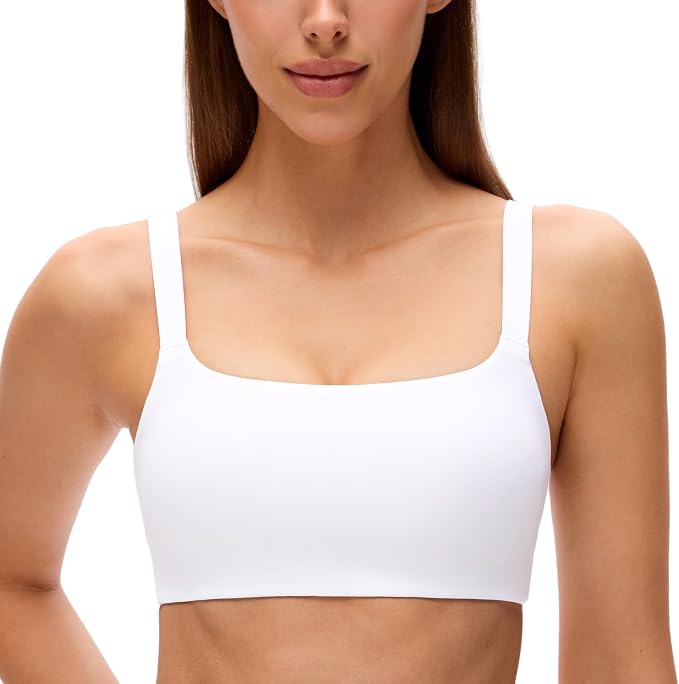 CRZ YOGA Butterluxe Adjustable Wide Strap Sports Bras for Women - Square Back Padded Scoop Neck Yoga Top