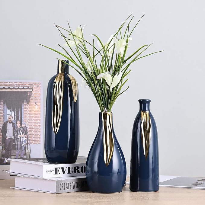 Blue and Gold Vase Set of 3, Modern Ceramic Decorative Vases for Living Room, Bedroom, Art Decor, Mantle, Home Event Decor, Office Decorative, Weddings, Rustic & Farmhouse (Blue Gold)