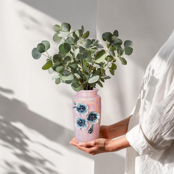 Pink Ceramic Vase 7 Inch - Cute Small Vase for Flowers, Aesthetic Room Decor for Teen Girls, Coquette & Pink Office Decor