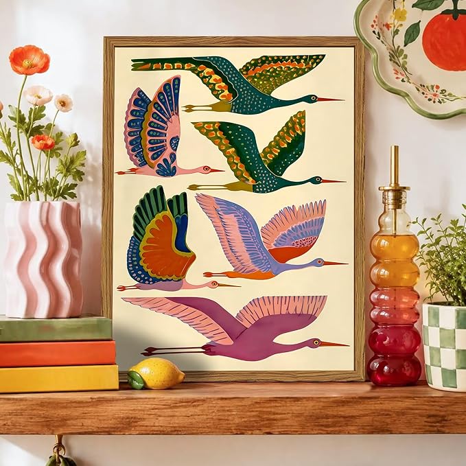 Framed Colorful Bird Wall Art, Vintage Flying Heron Pictures Wall Decor, Mid Century Modern Animal Paintings Canvas Prints Abstract Home Decor Aesthetic Artwork for Living Room Bedroom 12x16 inch
