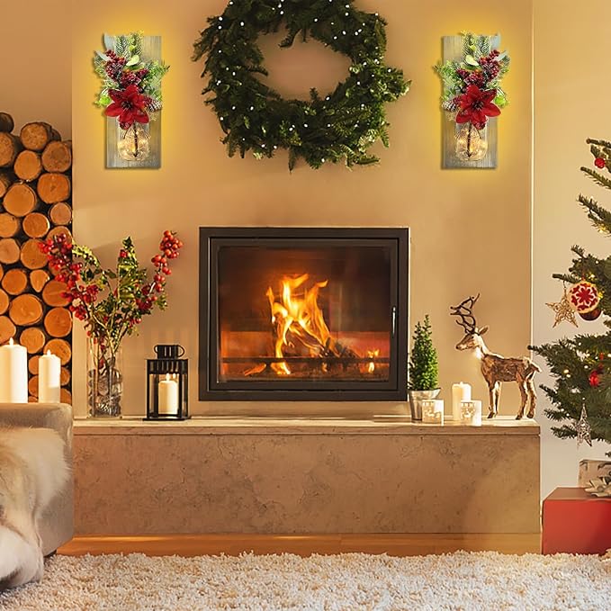 Mason Jars Sconce Decor Rustic Wall Sconces Handmade Wall Art Hanging Design with Remote Control LED Fairy Lights and Red Berry, Xmas Farmhouse Wall Home Decor Living Room Lights Set of Two