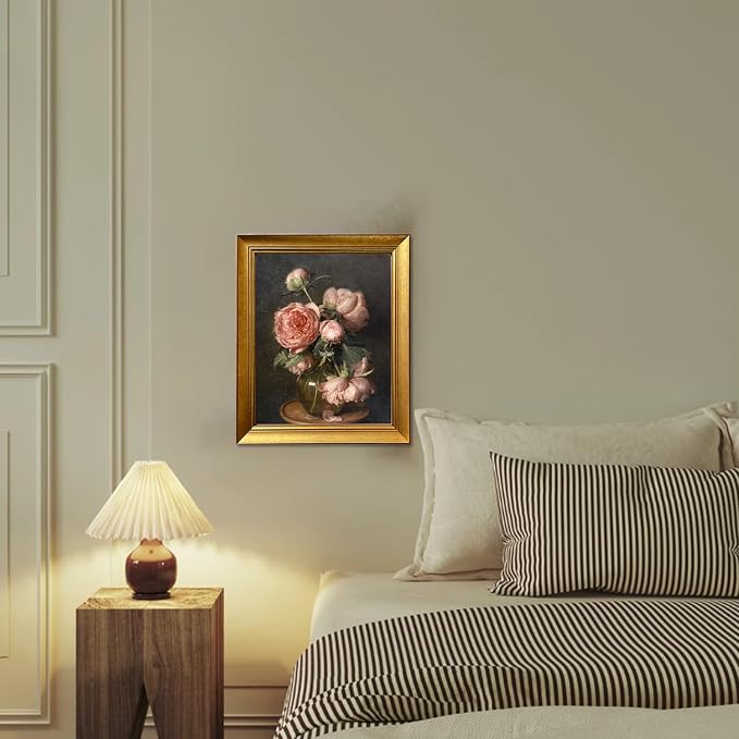 Vintage Framed Dark Floral Picture Wall Decor Pink Peonies Flower Wall Art Farmhouse Moody Canvas Print Artworks for Living Room Bedroom Bathroom Decor