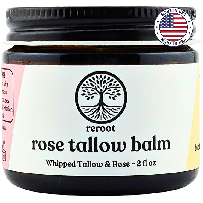 Beef Tallow Balm for Skin | ROSE TALLOW BALM | 3 Ingredients - 100% Grass Fed Tallow, Jojoba Oil, Rose Oil | Whole Body & Face Moisturizer | Whipped | Aging Skin & Eczema (2oz) (2oz, Rose)