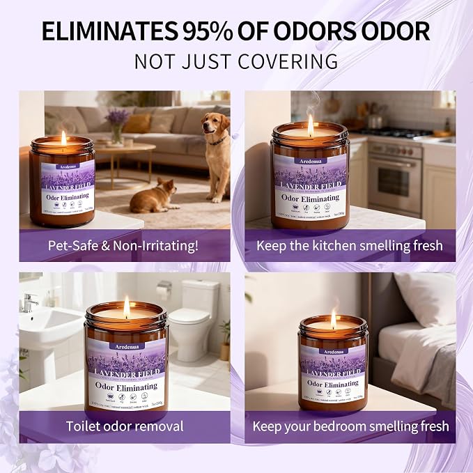 Lavender Odor Eliminating Candles | Eliminates 95% of Pet, Smoke, Food, and Other Smells – 7oz Soy Candle for Home Scented - Aromatherapy Stress Relief Scented Candles - Relaxing Gifts for Calm