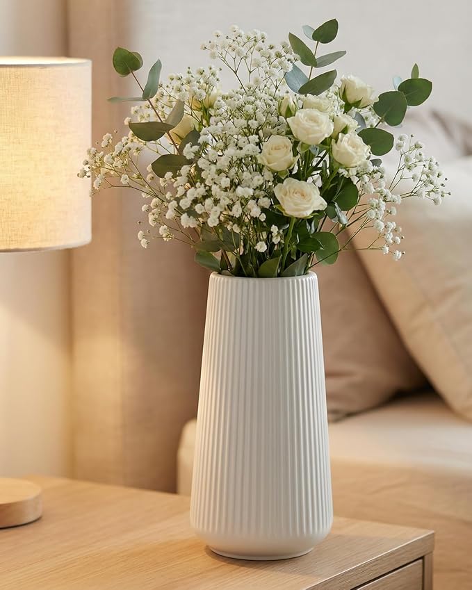 White Ceramic Vase, 8 Inch Flower Vases for Pampas Grass and Dried Flowers, Modern Vase for Living Room Table, Kitchen Shelf, Wedding Centerpiece Decor