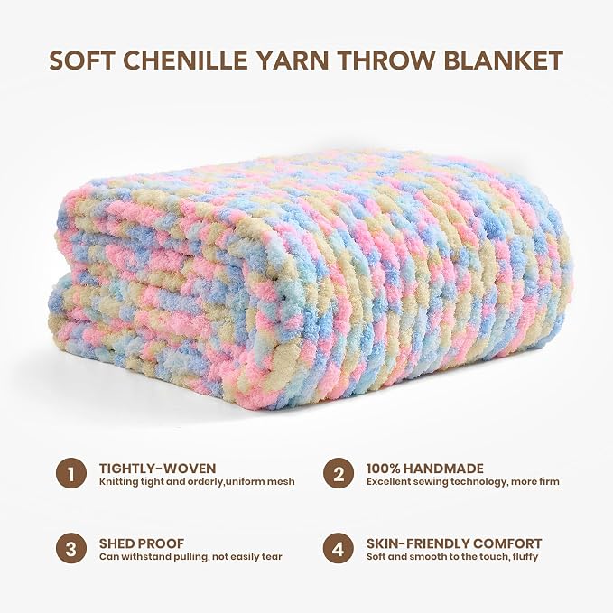 L'AGRATY Chunky Knit Throw Blanket for Couch, 60 x 80 Inches, Rainbow | Handmade Chenille Crochet Blanket for Sofa Bed, Thick Cable Knitted Blankets for Room Home Decor, Birthday Gift for Women Mom