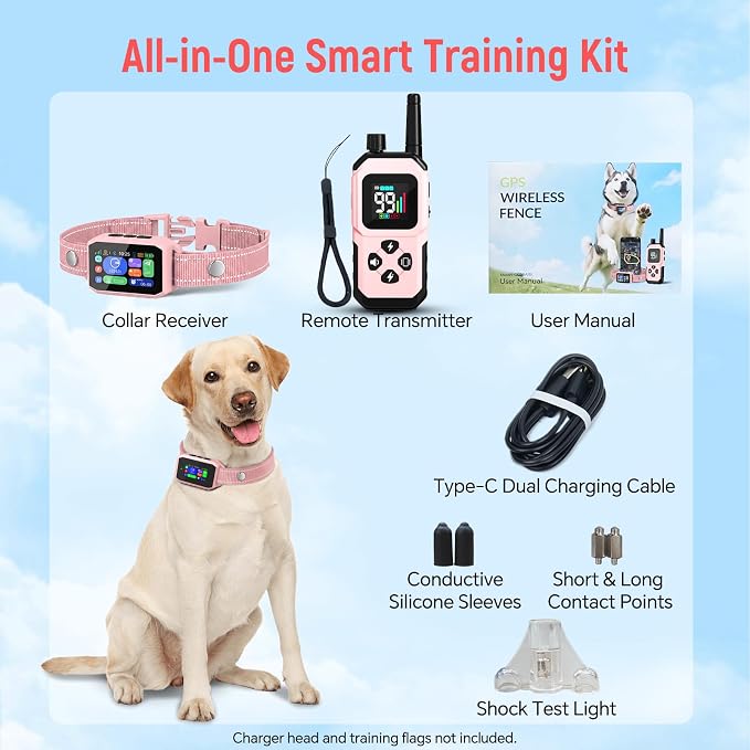 GPS Wireless Dog Fence & Remote Training Collar, Free APP Control, No Subscription Fee, Adjustable GPS Boundary, Pink, Dogs 10-120 lbs