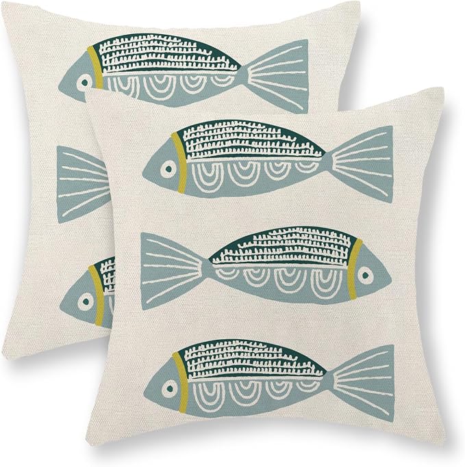 Coastal Pillow Covers 16x16 Inch Set of 2 Ocean Beach Blue Fish Throw Pillows Summer Natical Outdoor Decorative Pillow Cases Linen Farmhouse Cushion Cover for Couch Home Sofa Bedroom Decor