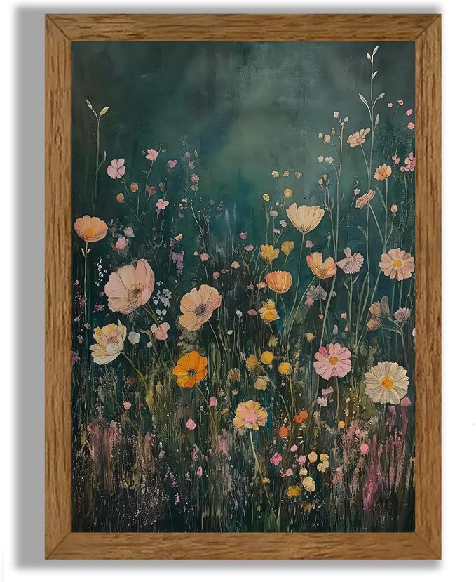 JLTULT Vintage Floral Wall Art, Pink Wood-Framed Canvas, 16 x 24 In | Pink wildflower art on fade-resistant canvas with a ready-to-hang solid wood frame for bathroom, bedroom and farmhouse decor