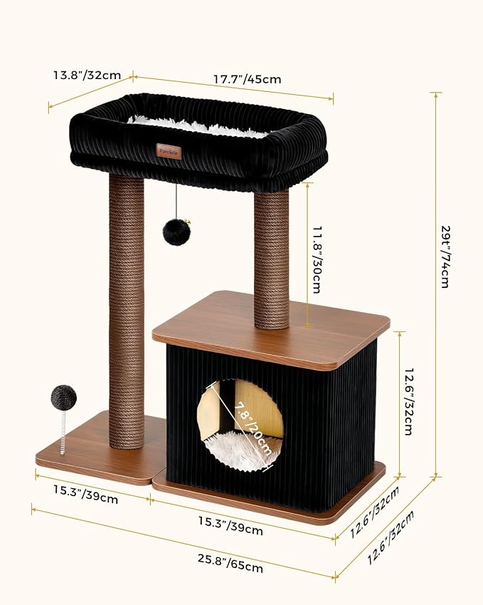Small Cat Tree for Indoor Kittens, 30" Compact Modern Cat Tower | Natural Bamboo Cozy Condo, Soft Padded Perch, Sisal Scratching Post, Dangling Ball Toy, Stable Base, for Cats up to 15 lbs